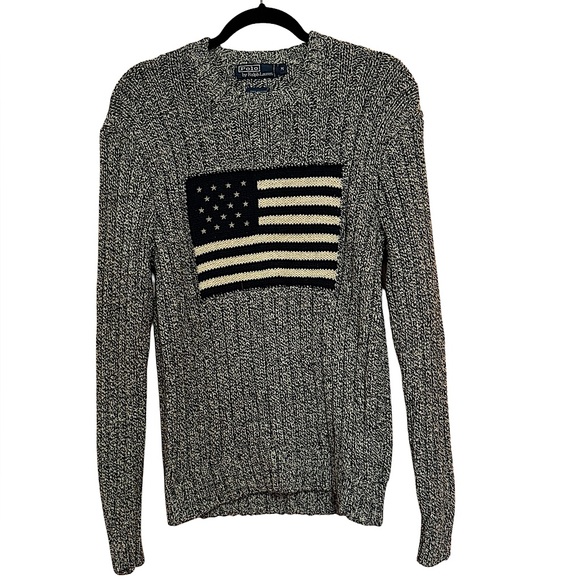 Vintage Iconic Polo Ralph Lauren Black White American Flag Sweater Size Medium - Picture 1 of 6